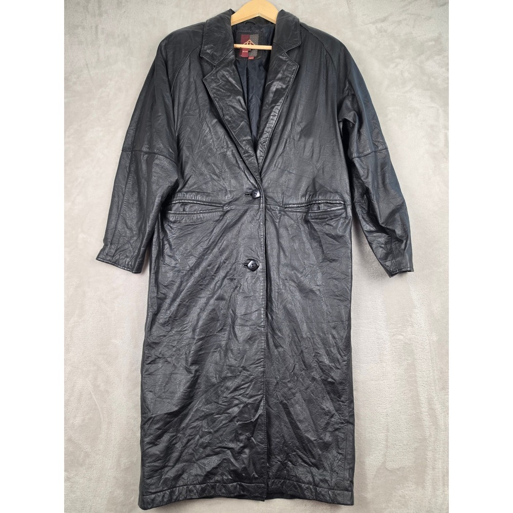 Vintage G-III Leather Trench Coat Womens Size Medium Black Long Button Front